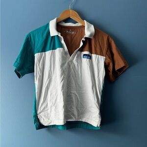 Kavu Colorblock Polo in Teal, White & Brown with Contrast Collar